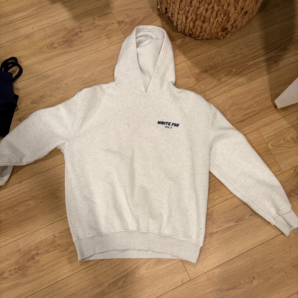 White fox hoodie heathered gray + navy logo